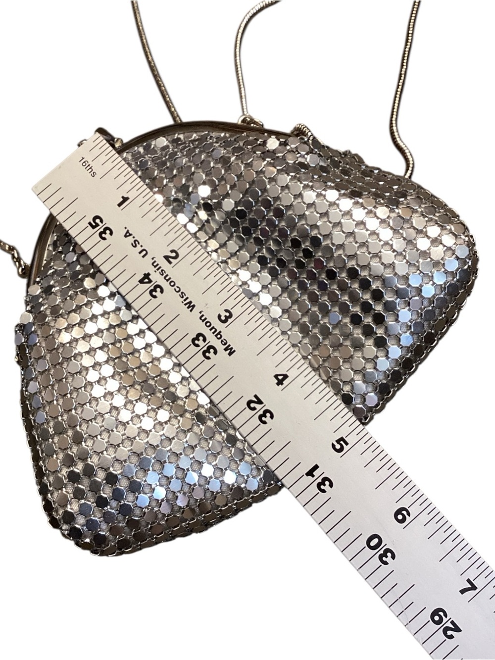Mark. Silver Metal Mesh Evening Bag Kiss Lock Clutch Chain Strap Y2K Disco Glam - Picture 8 of 10